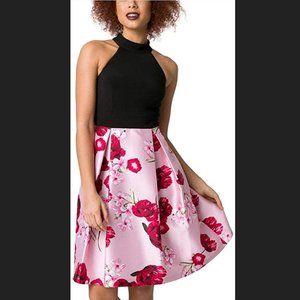 Le Château Small Floral Print Bengaline & Satin Halter Dress